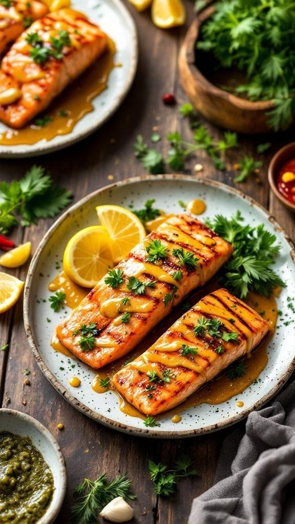 Grilled salmon fillets with a maple mustard glaze, garnished with lemon slices and fresh herbs.