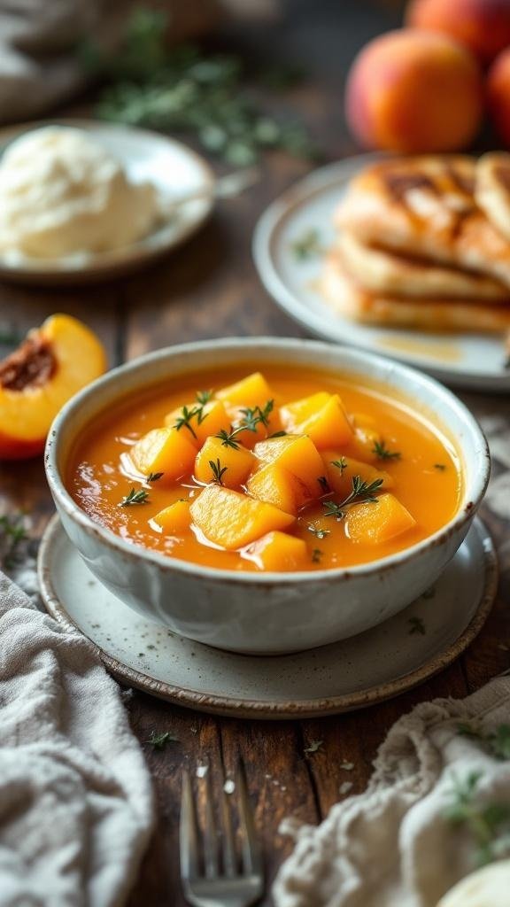 A bowl of honey roasted peach sauce with peach chunks and thyme, surrounded by fresh peaches and pancakes.