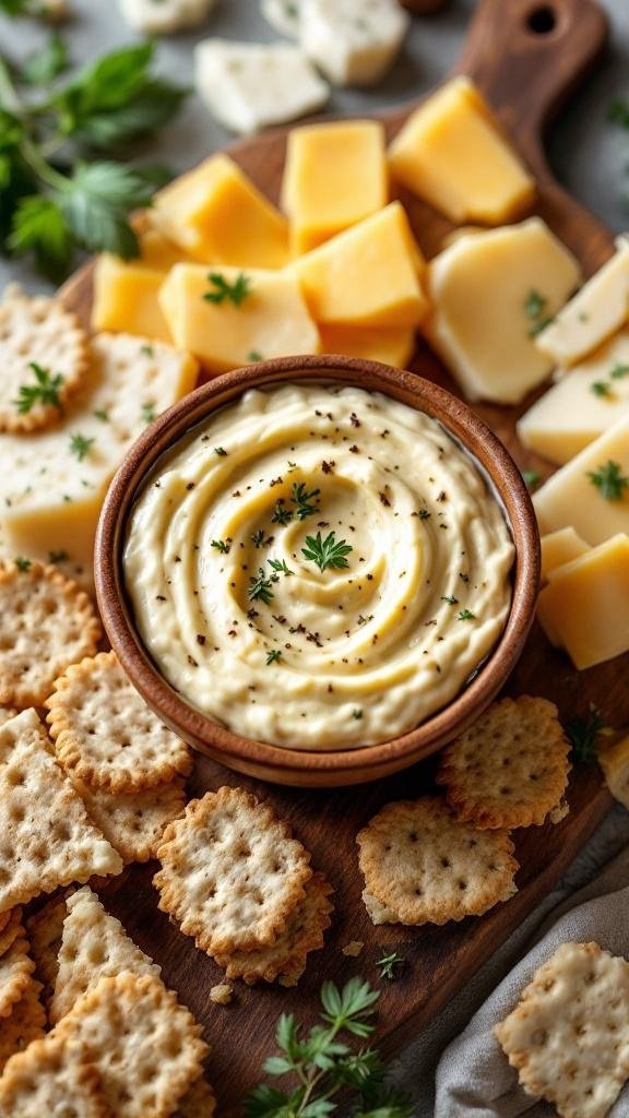 A cheese board featuring truffle aioli in a bowl, surrounded by various cheeses and crackers.