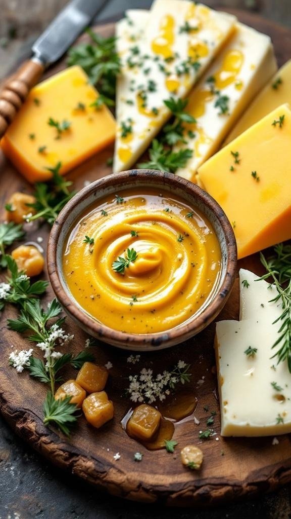 A wooden cheese board featuring herbed honey mustard, Havarti, and Colby cheese with fresh herbs.