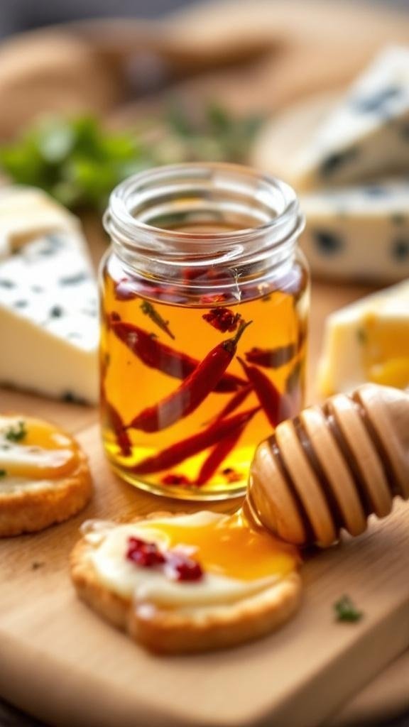 A jar of hot honey with chili flakes, goat cheese, blue cheese, and a honey dipper on a cheese board.