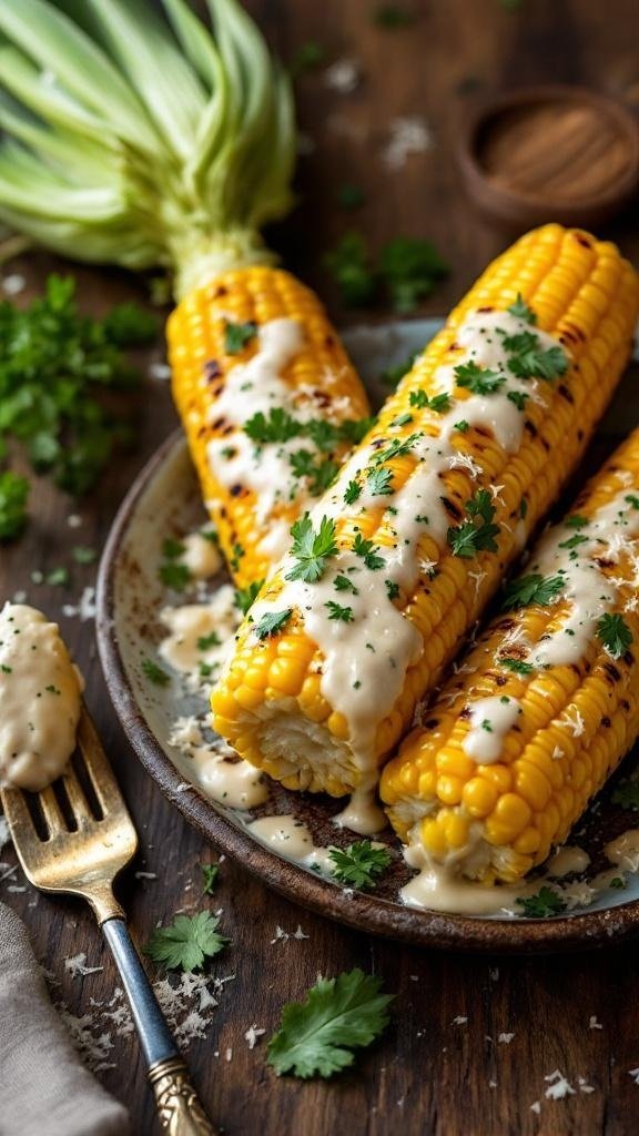 Corn on the cob drizzled with creamy parmesan truffle sauce and garnished with parsley.