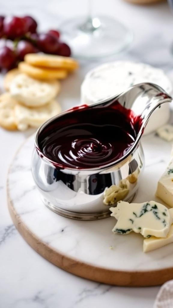 A silver saucepan with port wine reduction, cheese board with Gorgonzola and Brie, crackers, grapes, and a wine glass.