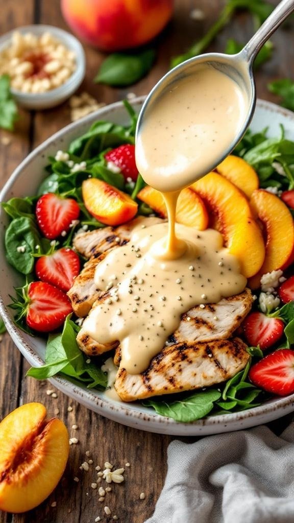 A bowl of salad topped with creamy peach poppy seed dressing, grilled chicken, strawberries, and peach slices.