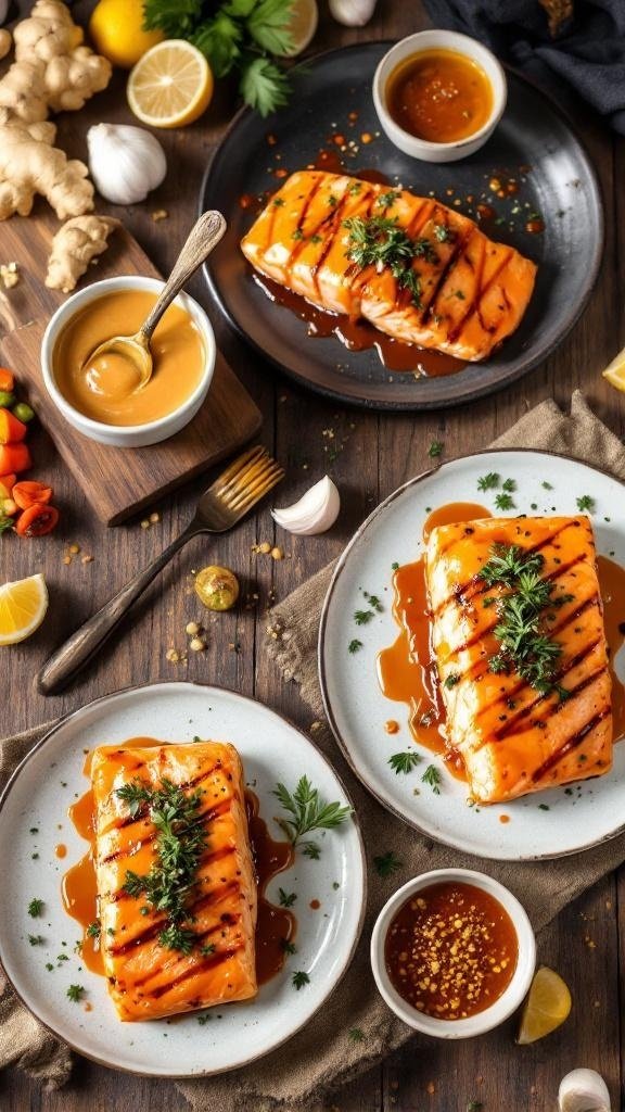 Grilled salmon fillets drizzled with teriyaki sauce, garnished with herbs and surrounded by fresh ingredients.