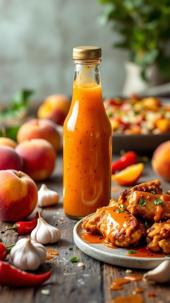 A bottle of fresh peach hot sauce next to garlic, chili peppers, and chicken wings on a plate.