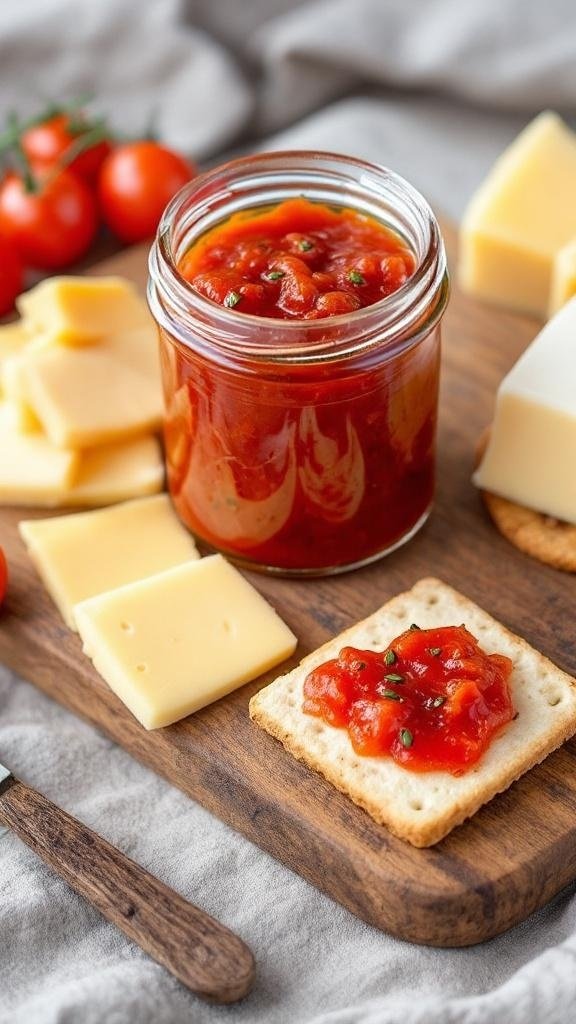 Spicy Tomato Jam Recipe A glass jar of spicy tomato jam with chili flakes, surrounded by cheese slices and crackers on a wooden board.