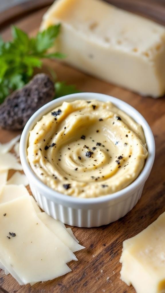 Creamy truffle aioli in a white ramekin with black truffle flecks, served with shaved Parmesan and Taleggio on a wooden cheese board.