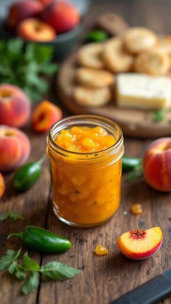 A jar of peach jalapeño jam surrounded by fresh peaches and jalapeños on a wooden table.