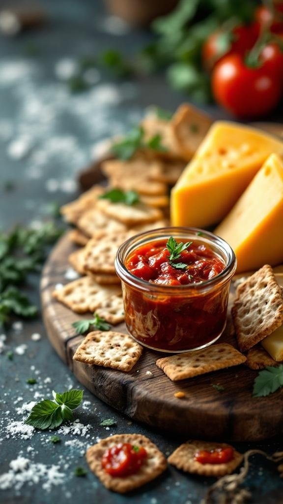 A cheese board featuring spicy tomato jam, aged gouda, and crackers.