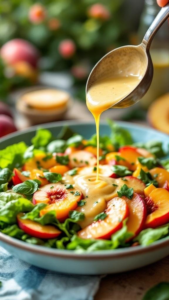 A bowl of salad topped with peach slices and basil, drizzled with peach basil vinaigrette.