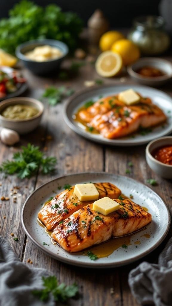 Grilled salmon fillets topped with miso butter and garnished with herbs.