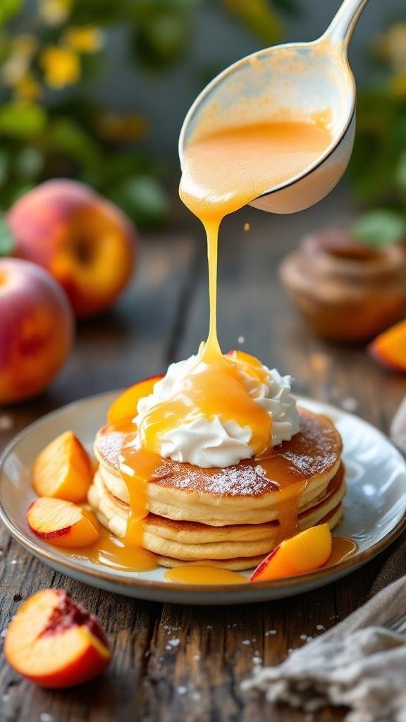 A plate of pancakes topped with whipped cream and peach slush sauce, surrounded by fresh peaches.