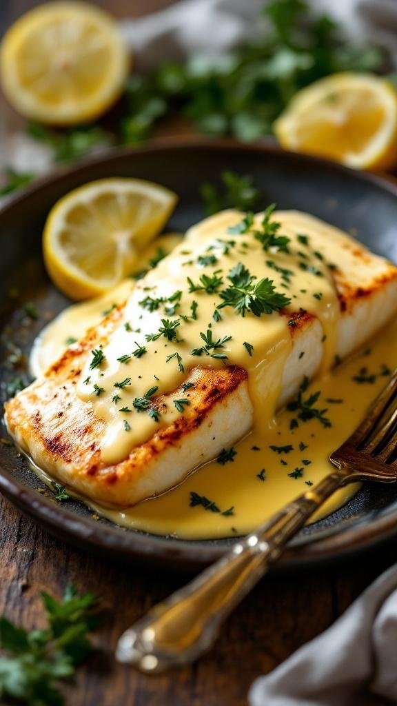 A plate of halibut topped with herbed hollandaise sauce, garnished with parsley and served with lemon slices.