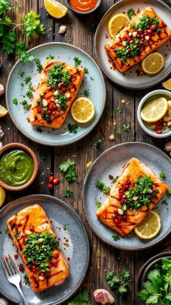 Grilled salmon fillets topped with chimichurri sauce and garnished with herbs and lemon slices.