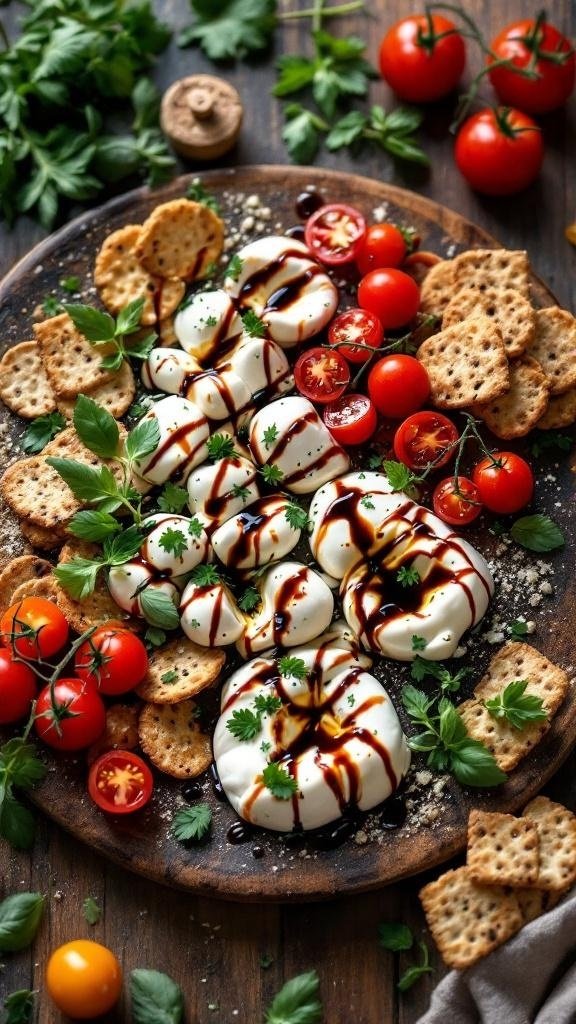 A cheese board featuring fresh mozzarella, burrata, cherry tomatoes, crackers, and balsamic glaze.