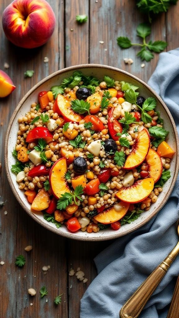 A colorful salad featuring peaches, grains, and vegetables, topped with a vibrant dressing.