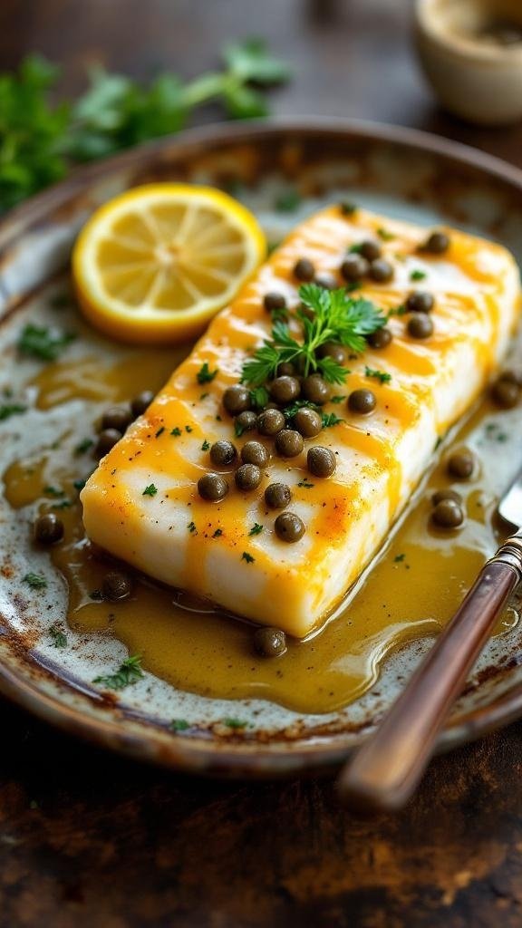 A plate of halibut topped with lemon caper butter, garnished with lemon slices and capers.