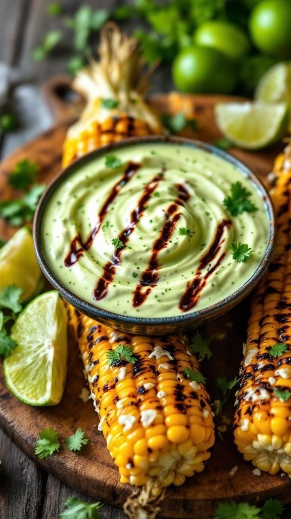 A bowl of lime crema with grilled corn on a wooden platter, garnished with lime wedges and cilantro.