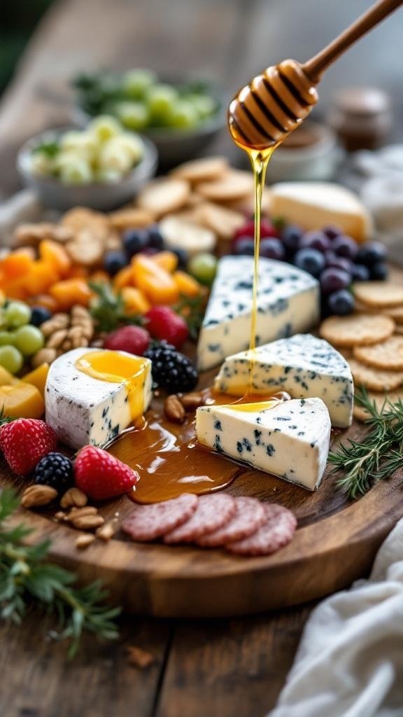 A cheese board featuring blue cheese and goat cheese with hot honey drizzled over them.