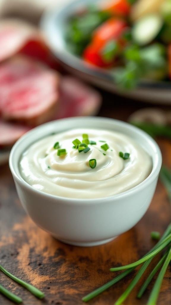Classic Horseradish Cream Sauce Recipe A bowl of horseradish cream sauce with chives, served with roast beef and vegetables.