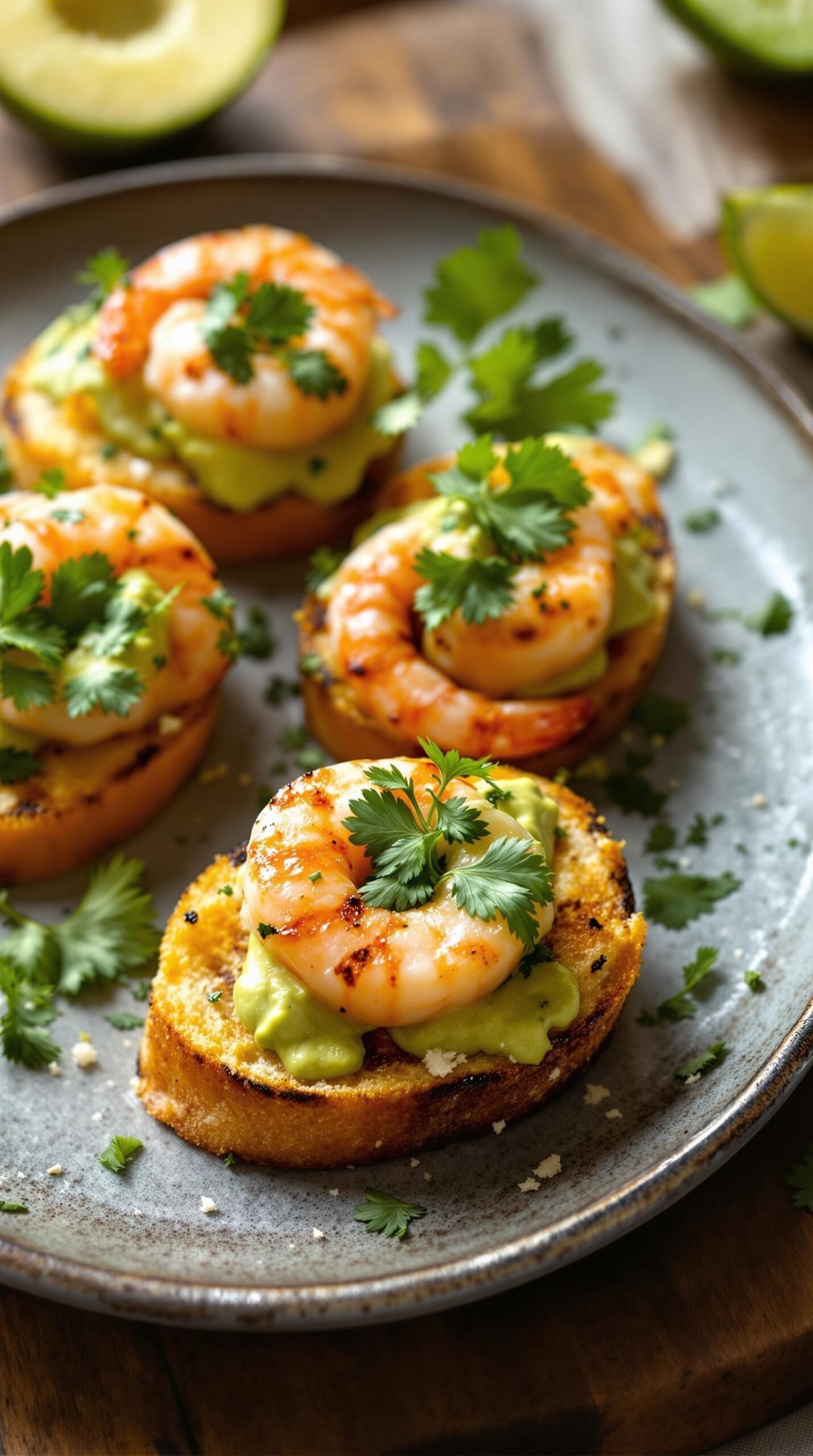 Grilled shrimp on crostini with avocado crema, cilantro, and lime zest.