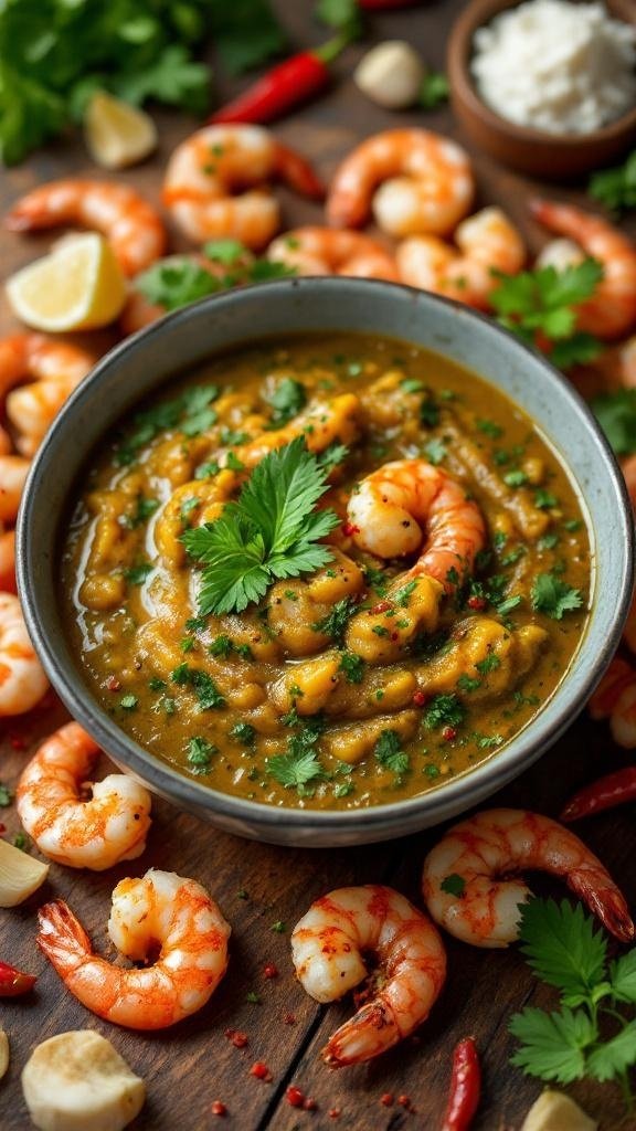 Bowl of spicy chimichurri sauce with shrimp and fresh herbs