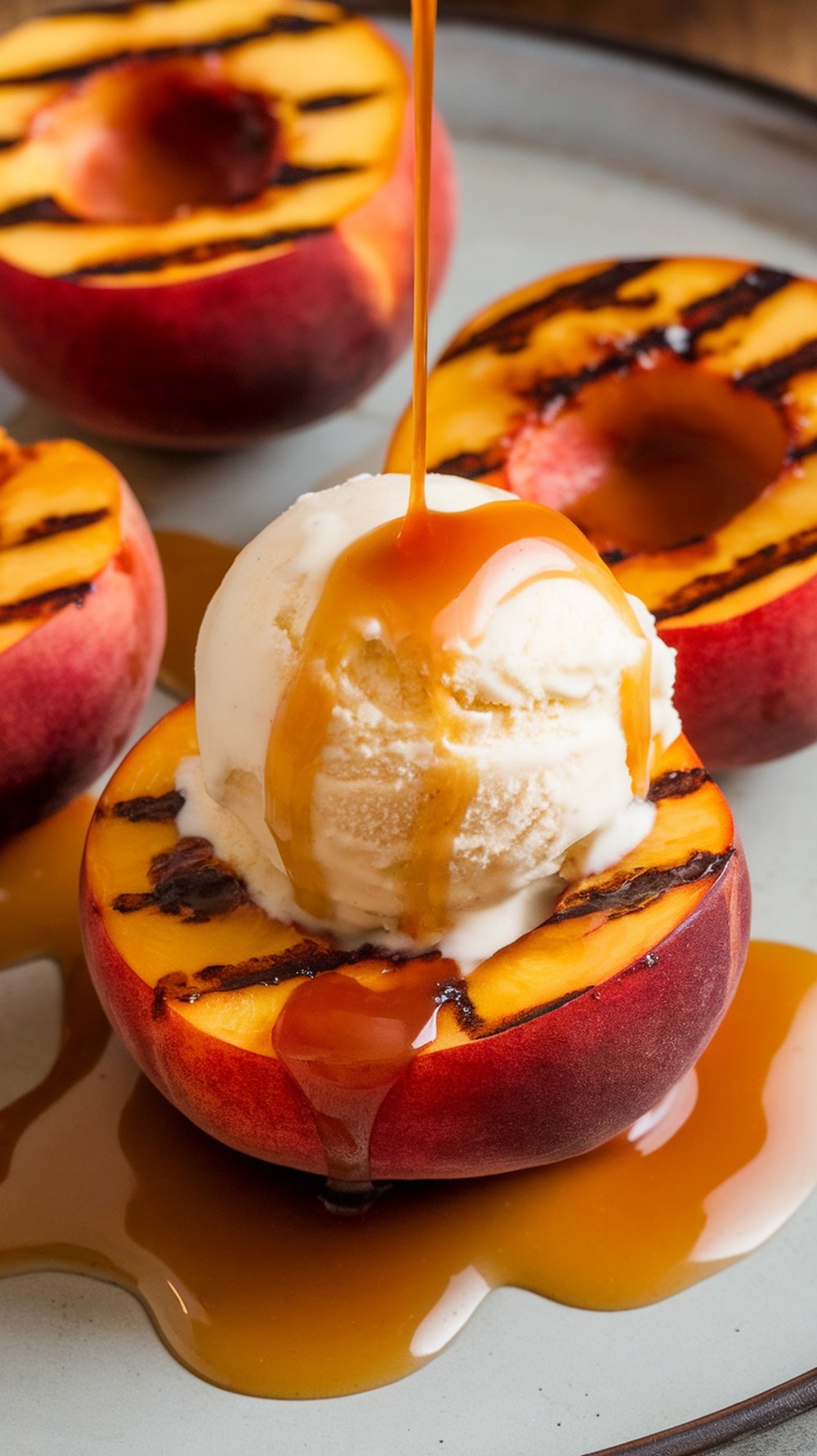 Grilled Peaches with Bourbon Caramel Sauce Grilled peaches drizzled with bourbon caramel sauce and topped with vanilla ice cream on a rustic plate.