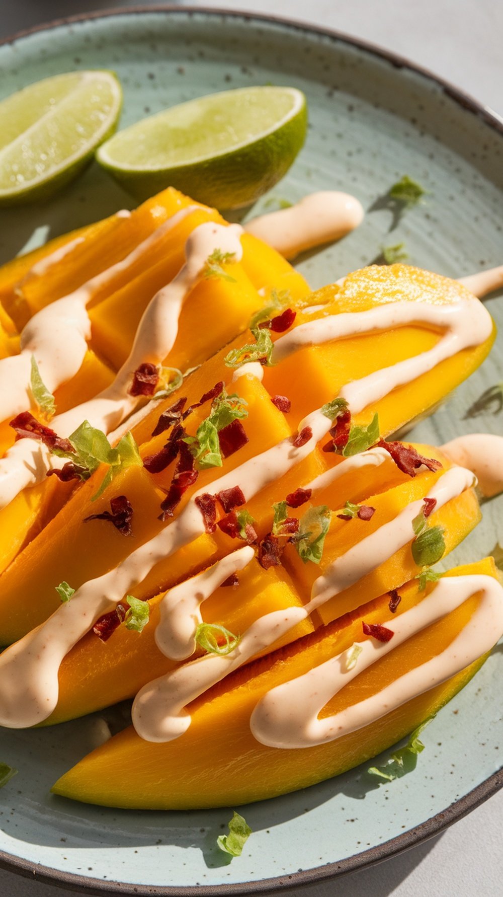Mango with Chili-Lime Tahini Sauce Fresh mango slices with chili-lime tahini sauce, garnished with chili flakes and lime zest on a modern plate.