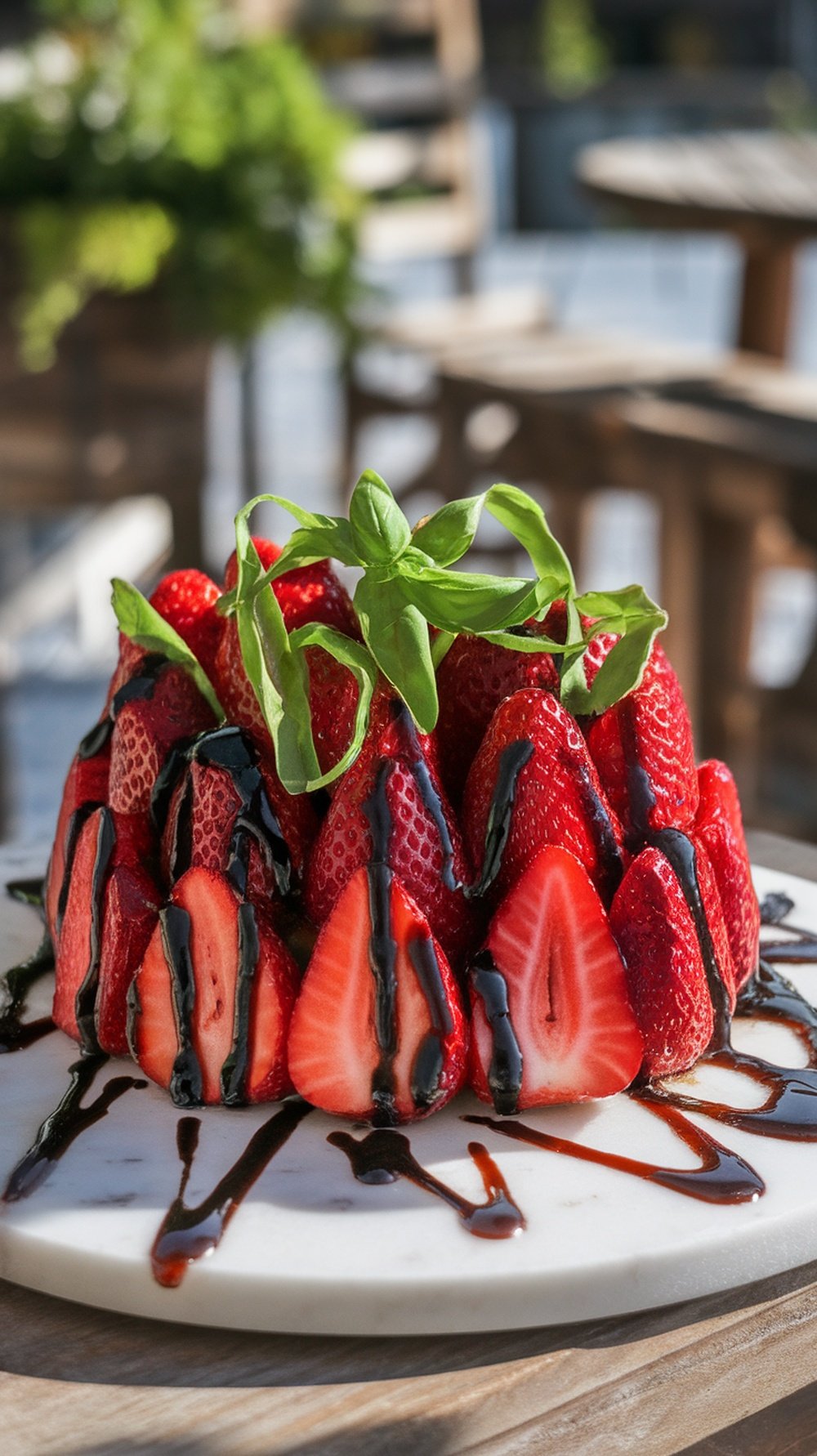 Sliced Strawberries with Basil Balsamic Reduction Sliced strawberries with balsamic reduction and basil on a marble board in an elegant summer setting.