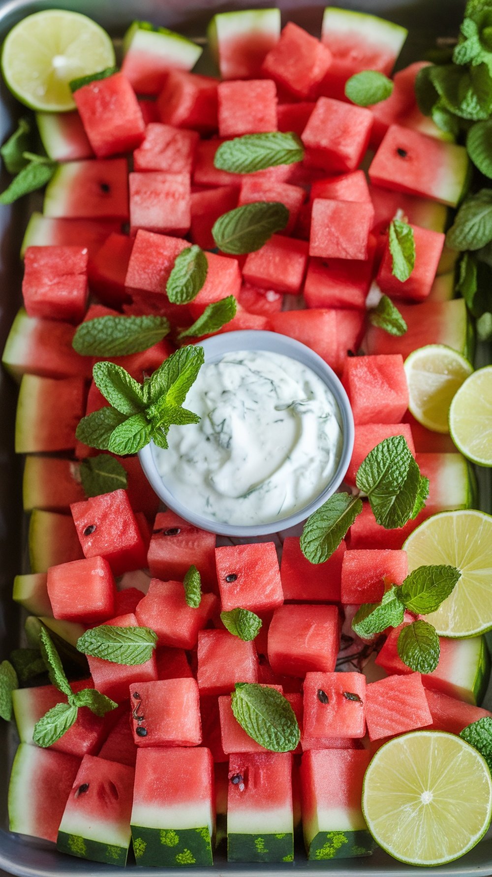 Refreshing Watermelon Mint Yogurt Sauce Cubes of watermelon with mint yogurt sauce, garnished with mint leaves and lime wedges on a chilled tray.