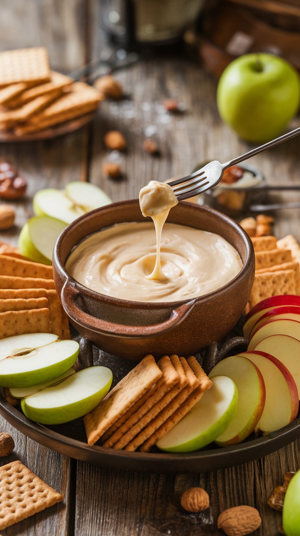 Creamy White Cheddar Fondue with Apples A bowl of white cheddar fondue with apples, crackers, and nuts on a rustic table.