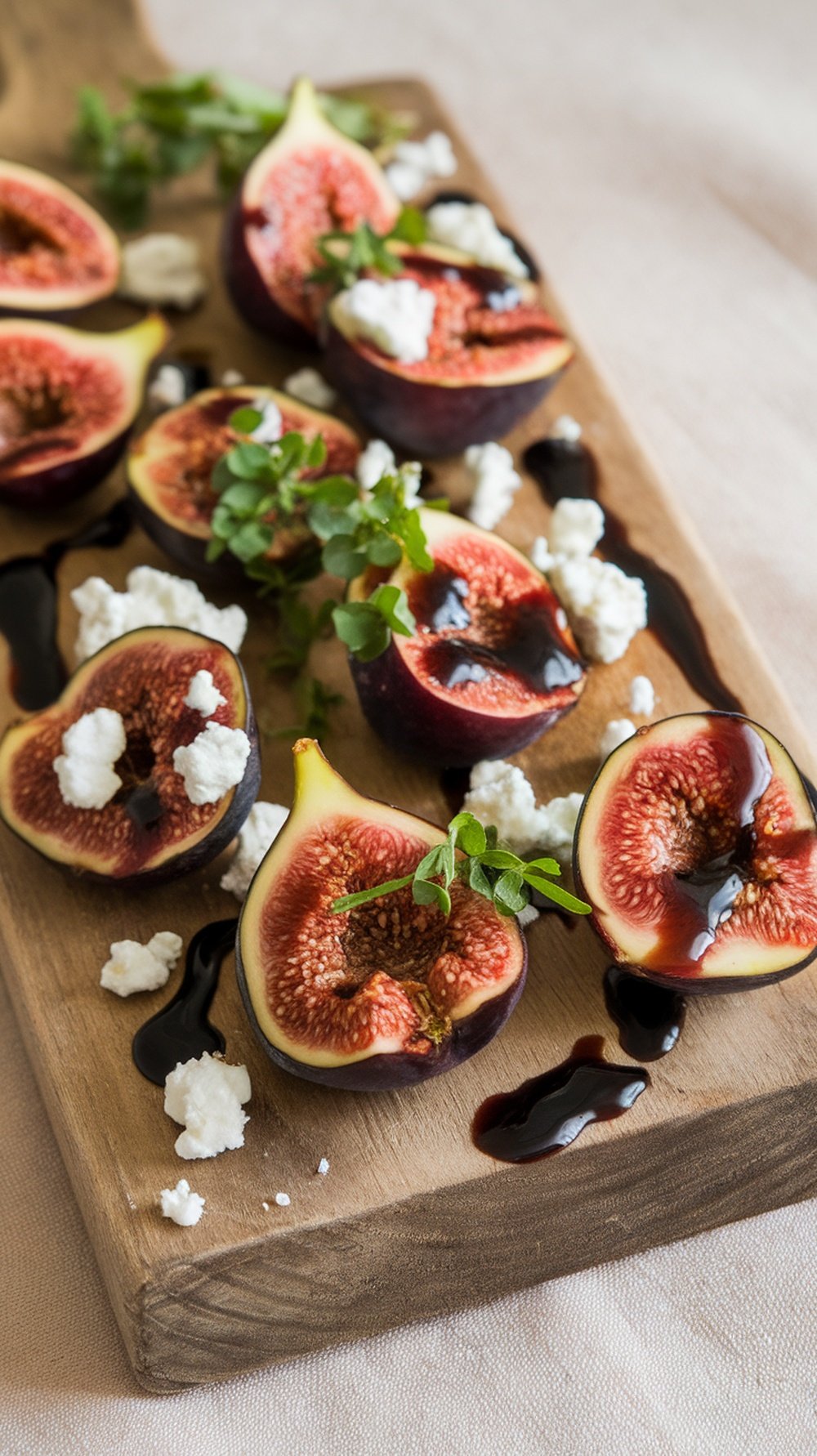 Halved Figs with Balsamic Reduction and Goat Cheese Halved figs on a wooden board with balsamic reduction, goat cheese, and herbs.