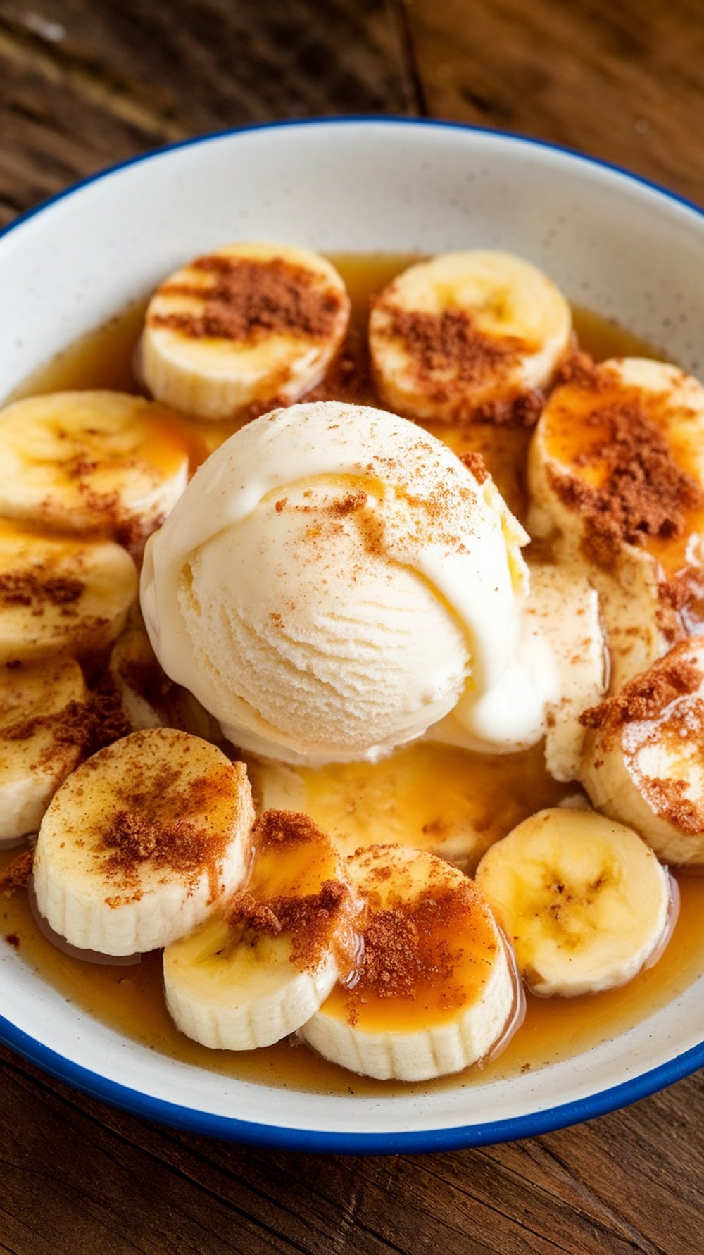 Sliced Bananas with Spiced Rum Butter Sauce Sliced bananas in caramelized rum butter sauce with vanilla ice cream on a rustic table.