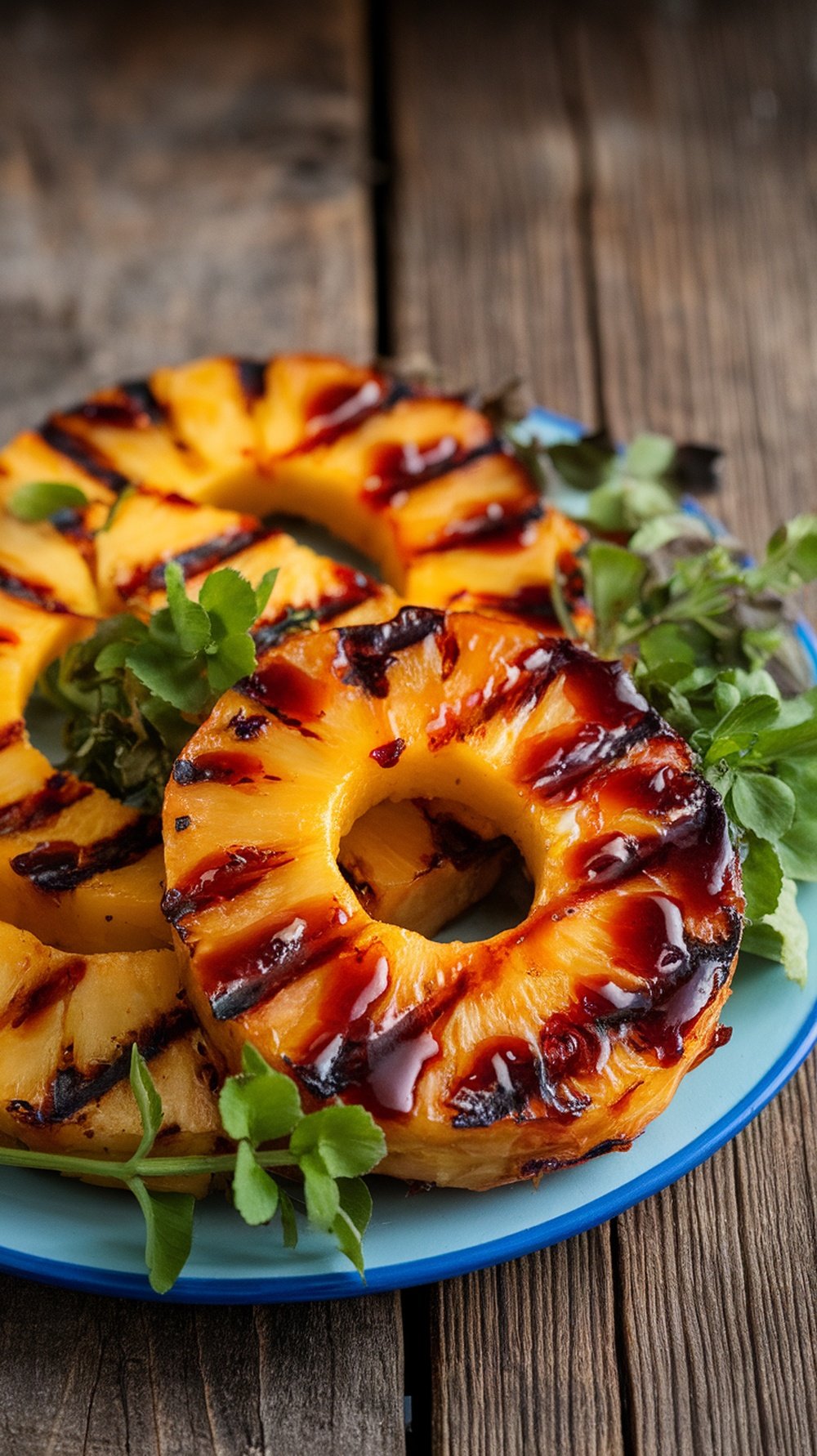 Grilled pineapple rings with smoky BBQ glaze on a blue plate, garnished with greens.