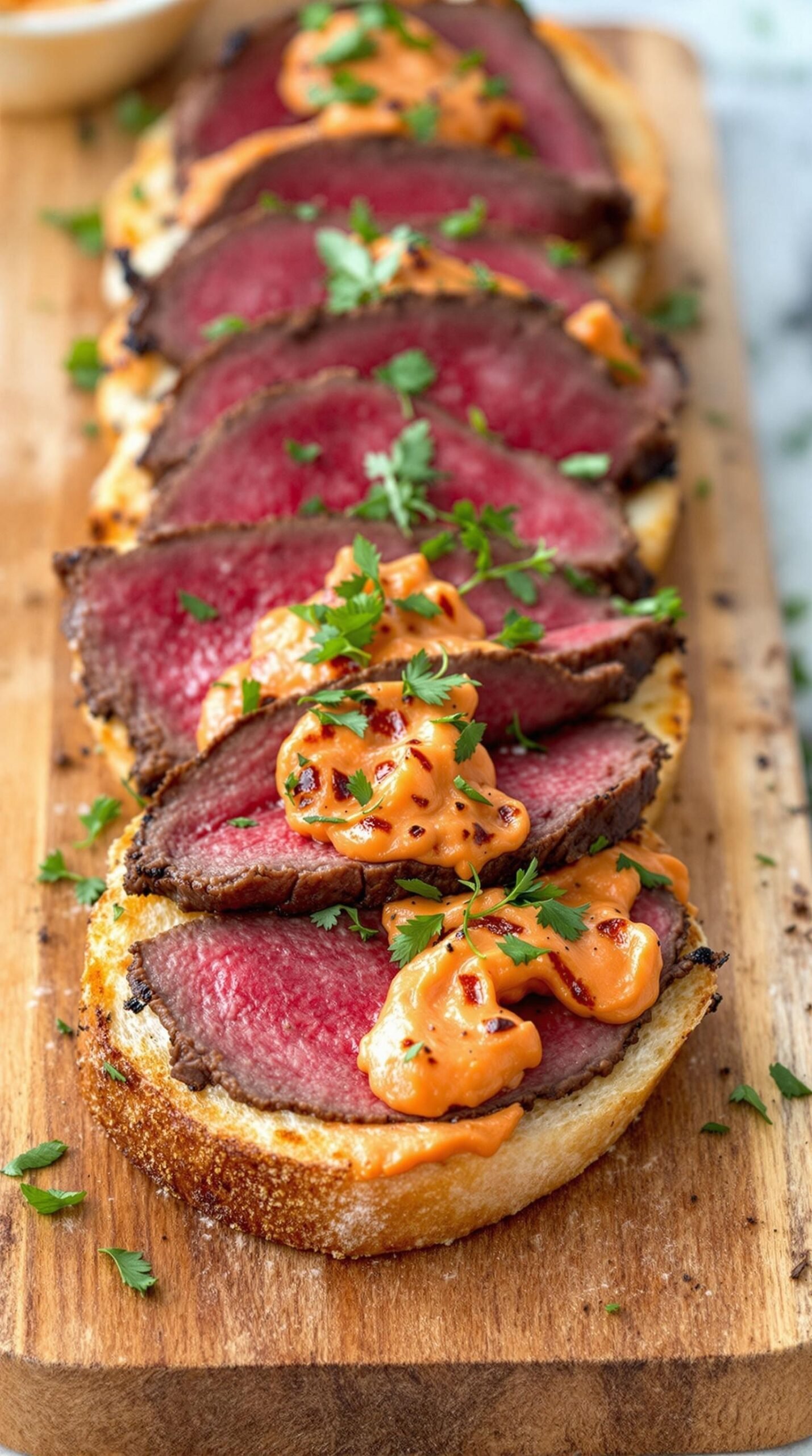 Toasted crostini topped with beef tenderloin and red pepper aioli