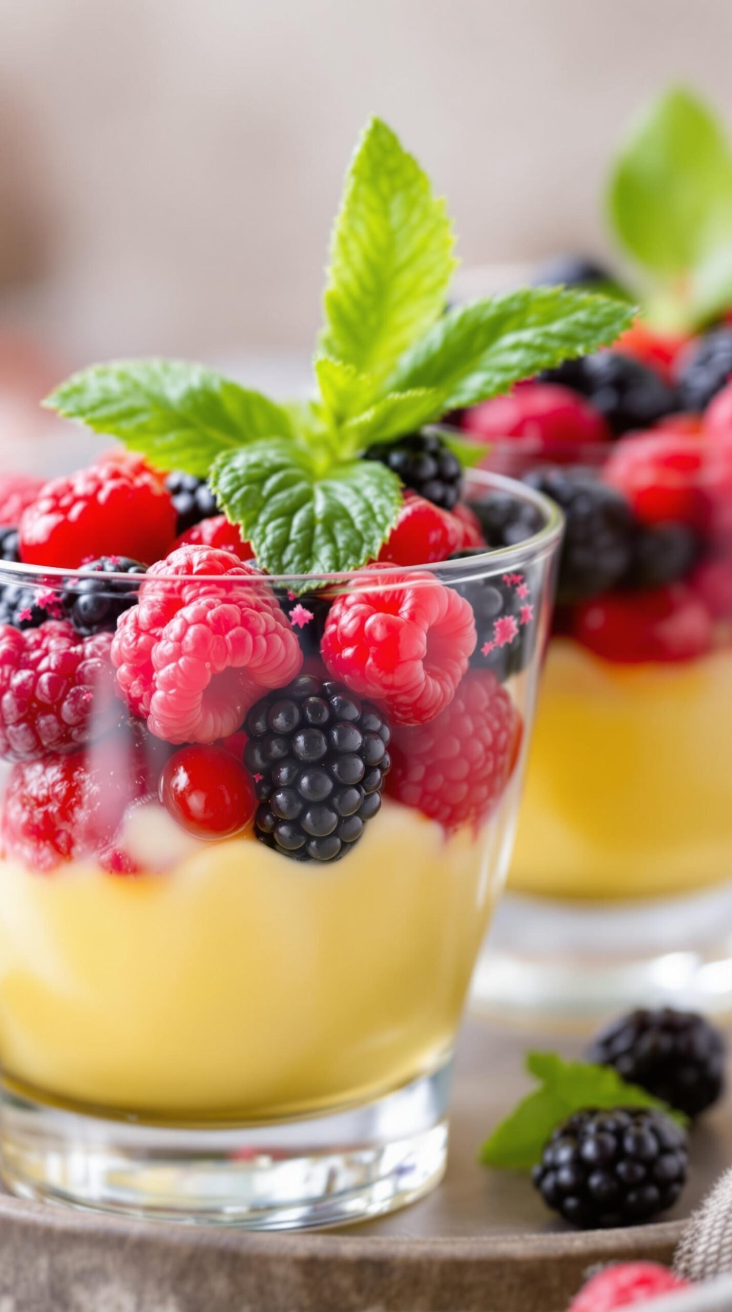 Classic Zabaglione Recipe Two glass dessert cups filled with zabaglione custard and mixed berries, garnished with mint leaves.