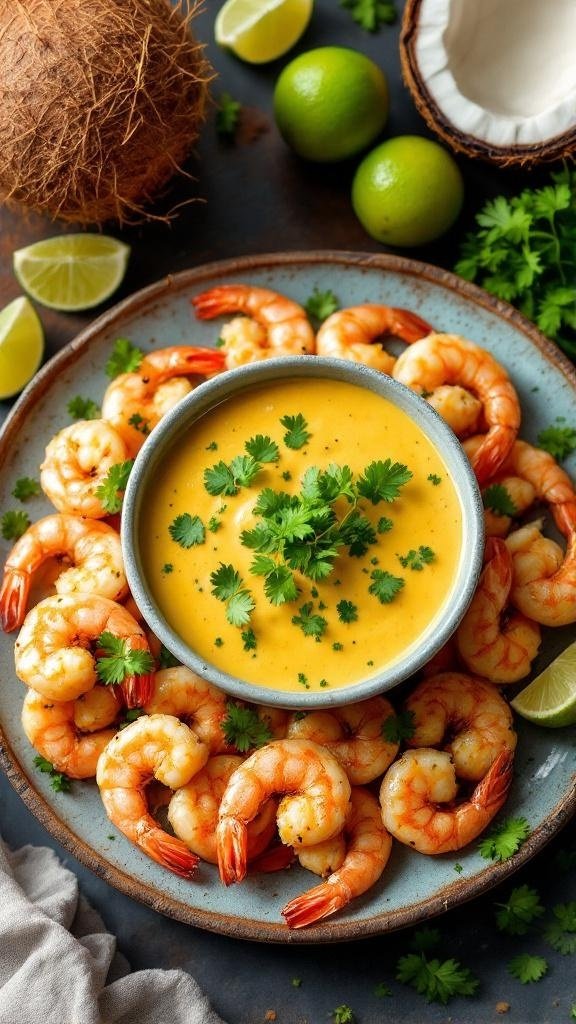 Coconut Curry Shrimp Recipe Grilled shrimp in coconut curry sauce with cilantro, coconut halves, and lime wedges.