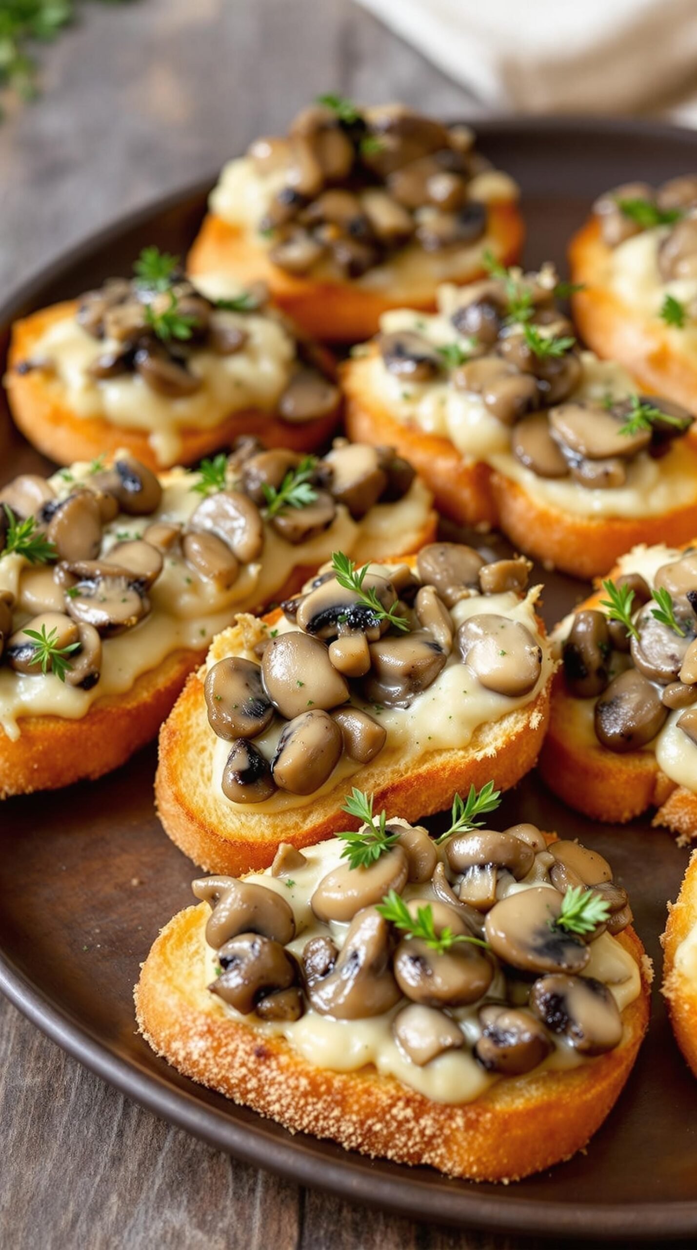 Crostini with Mushroom and Garlic Thyme Cream Sauce Crostini topped with sautéed mushrooms in creamy garlic thyme sauce, garnished with thyme sprigs, on a rustic wooden table.