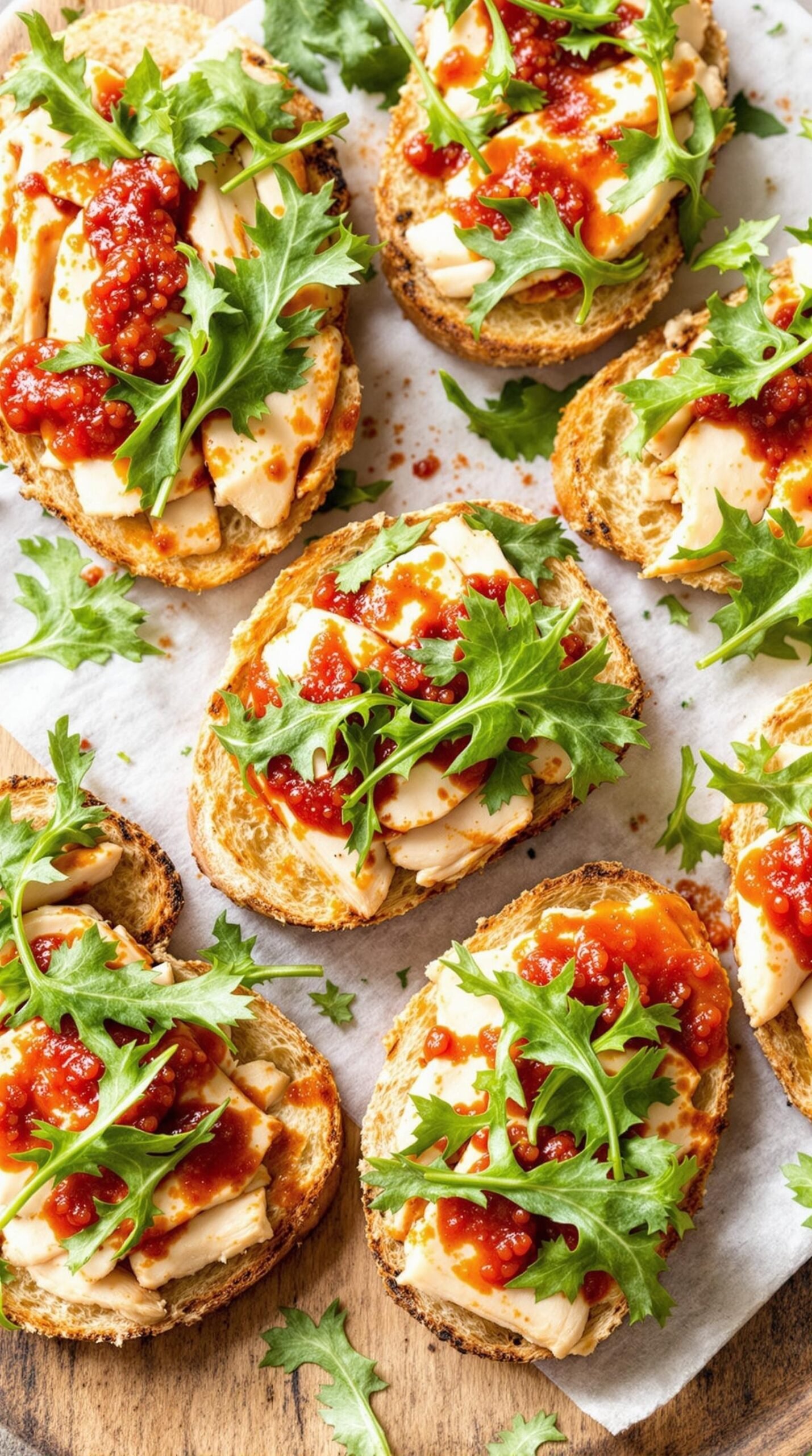 Toasted Crostini with Roast Chicken and Romesco Sauce Toasted crostini topped with roast chicken, romesco sauce, and arugula on a wooden platter.