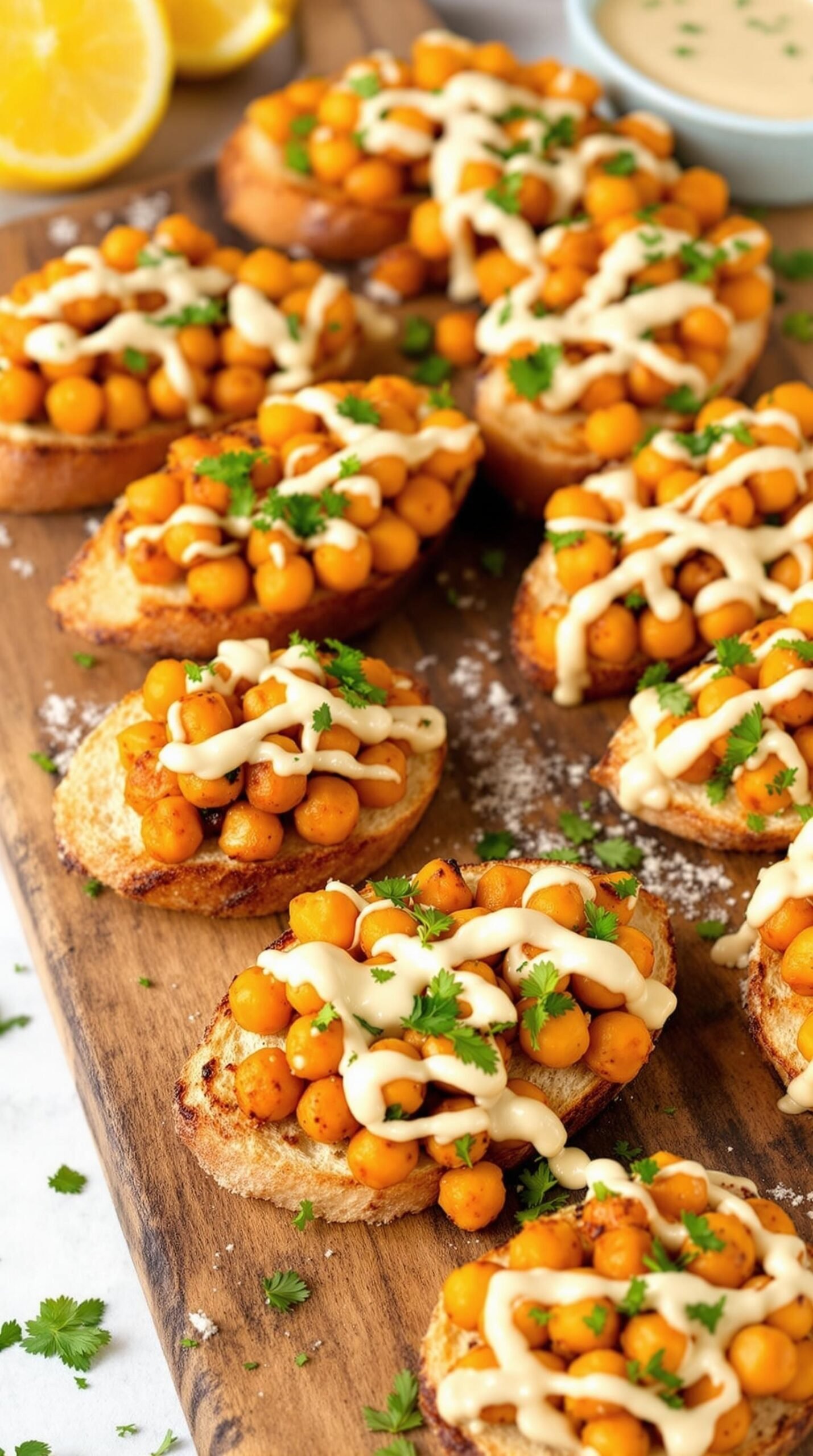 Crostini with Spicy Chickpeas and Lemon Tahini Crostini topped with roasted spicy chickpeas and lemon tahini sauce, garnished with parsley on a wooden board.
