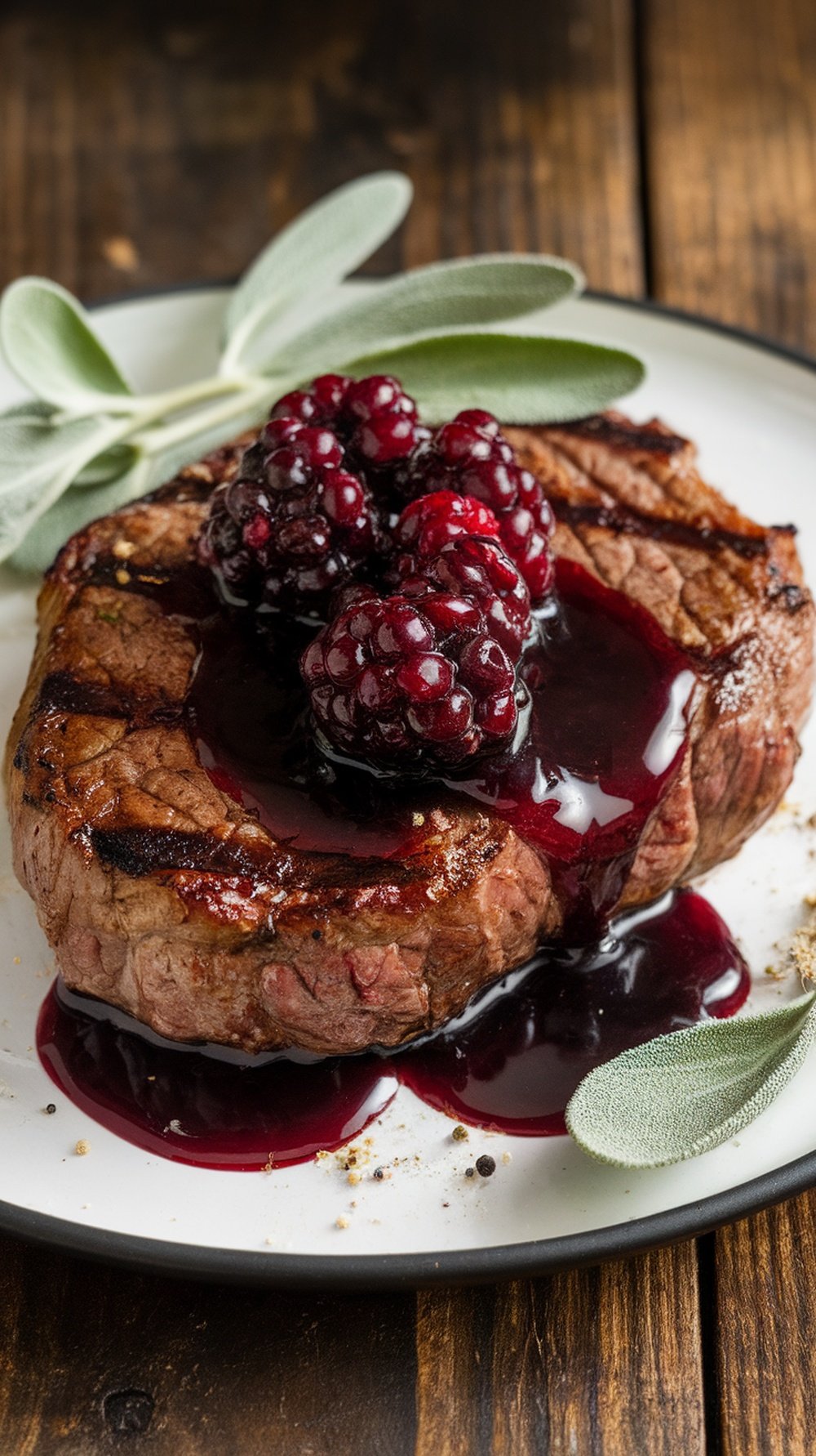 Grilled steak topped with blackberry sage red wine compote, garnished with sage leaves and cracked black pepper.
