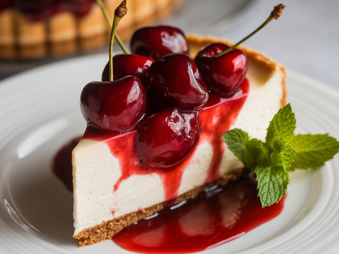 Cheesecake topped with cherry vanilla brandy compote, served on a white plate with a fork.