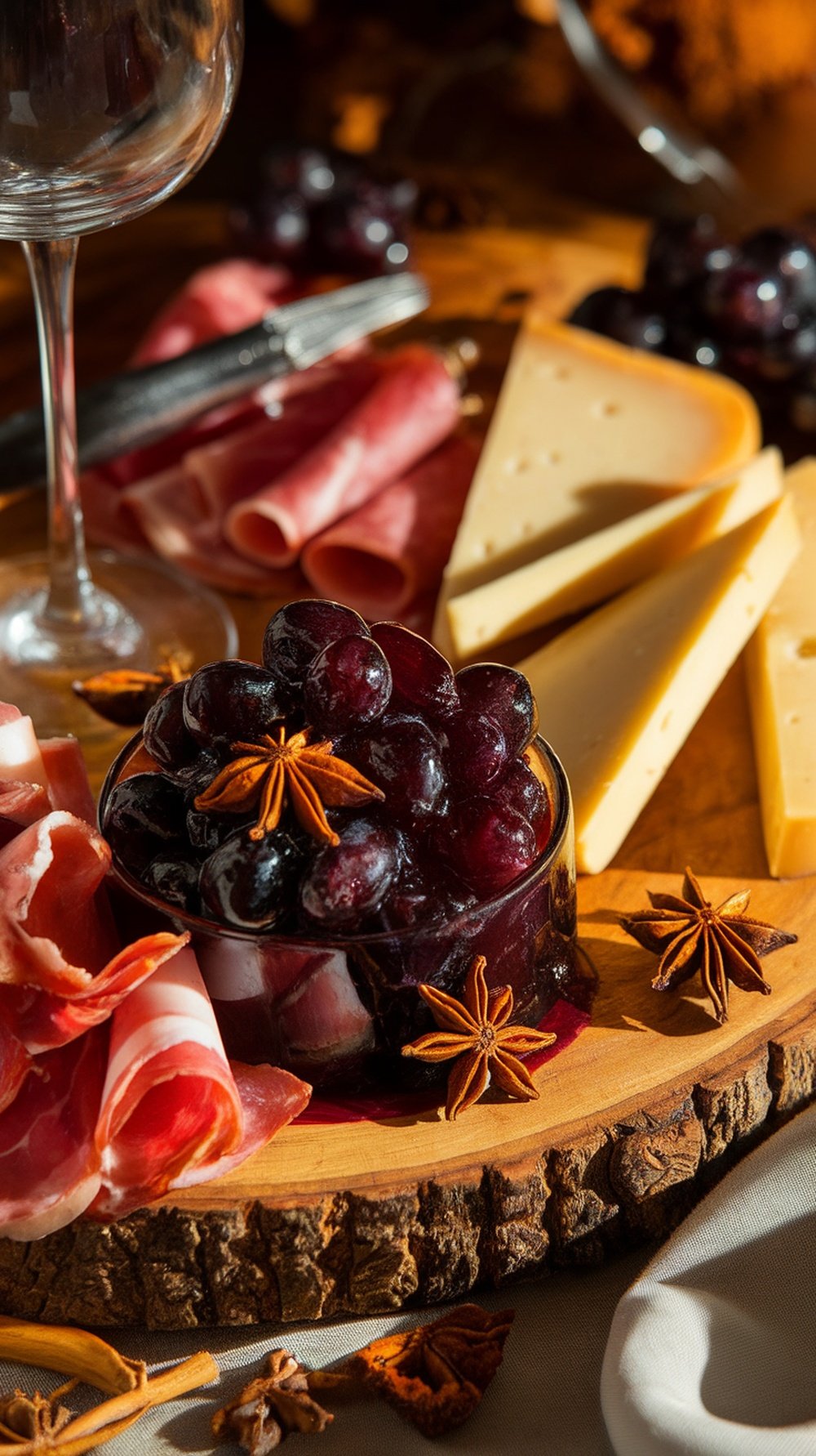 Concord grape compote with star anise on a rustic board with charcuterie and cheese, illuminated by natural light.