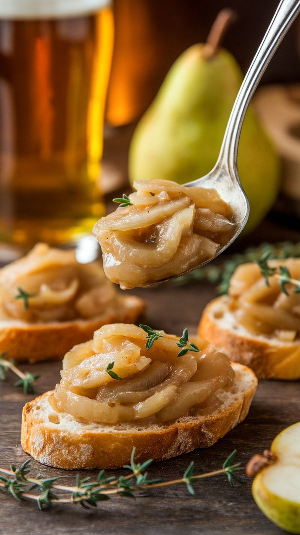 Golden pear and ale compote with caramelized onions served on crostini, with a beer glass and thyme in the background.