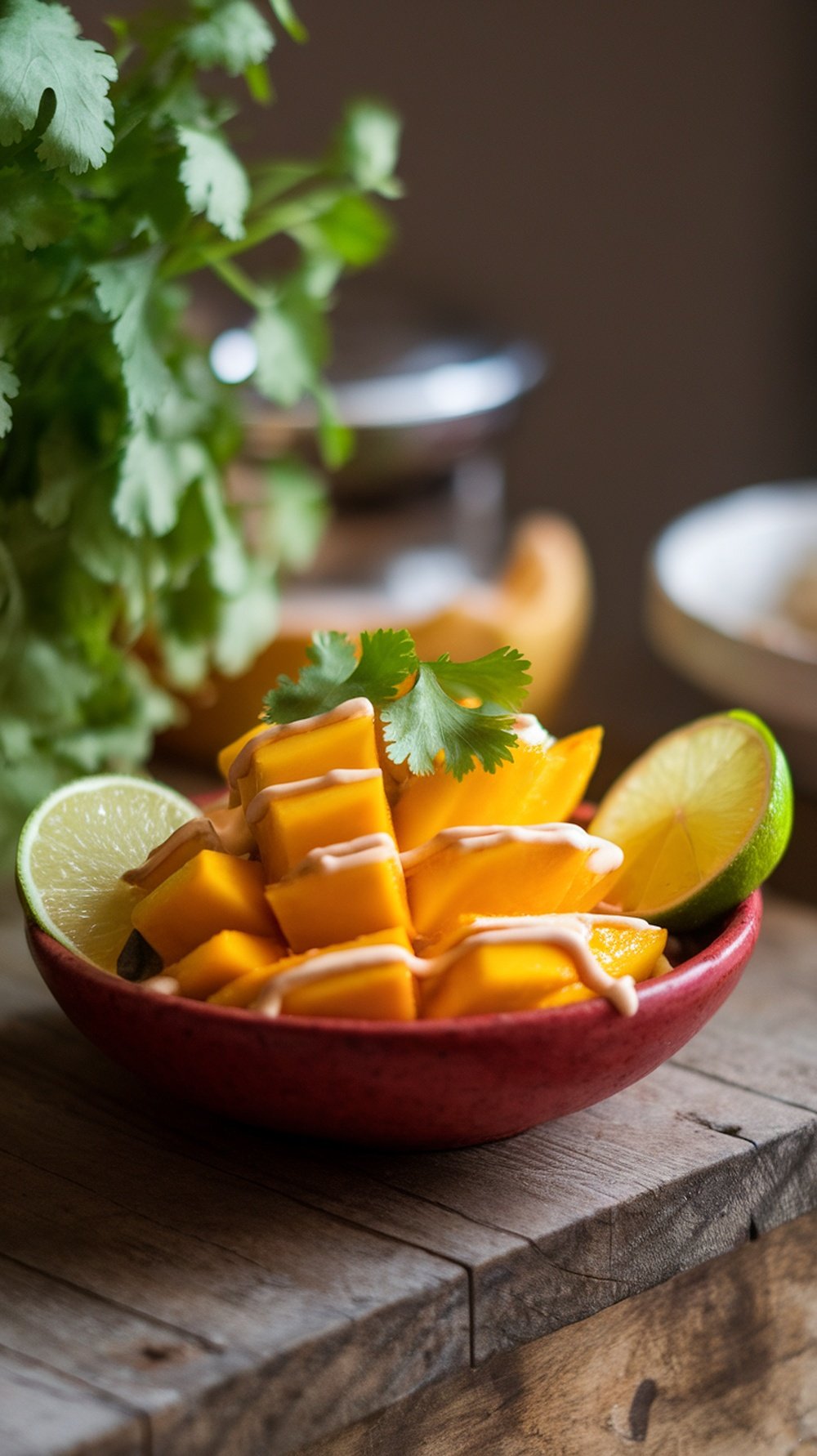 A bowl of diced mango drizzled with chili-lime tahini, garnished with lime wedges and cilantro.