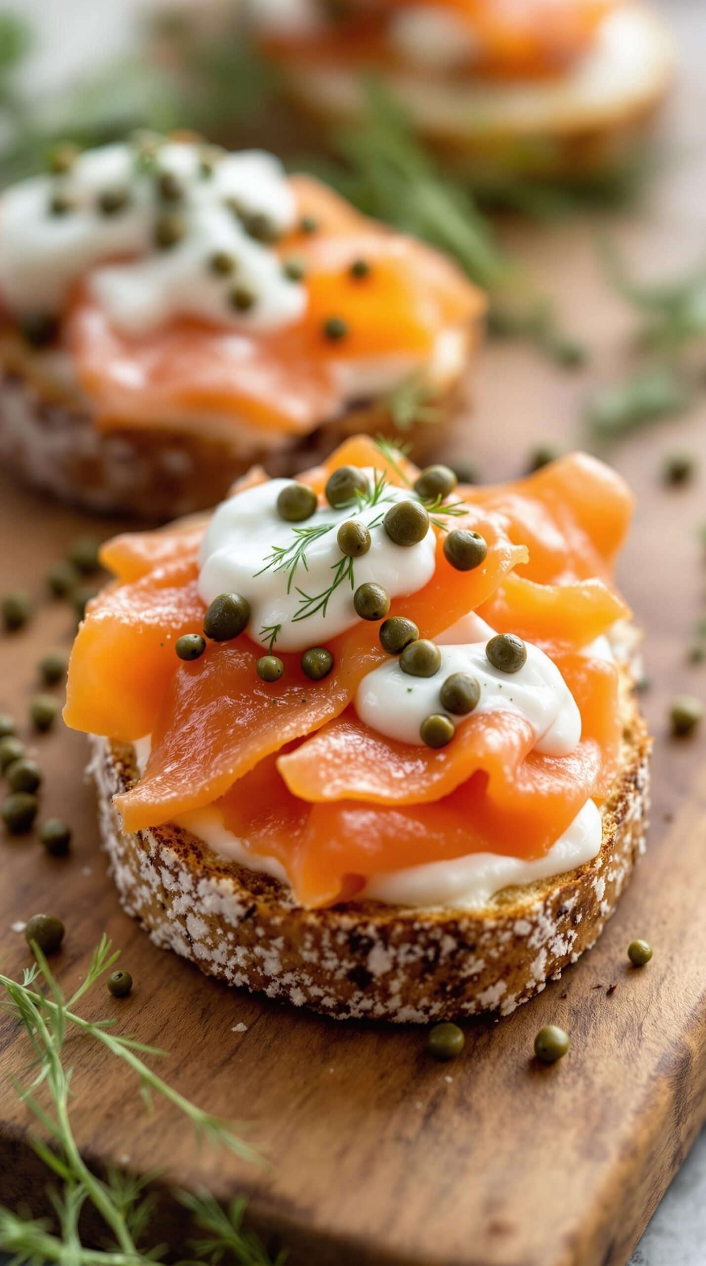 Crostini with smoked salmon, dill yogurt sauce, and capers on a wooden board.