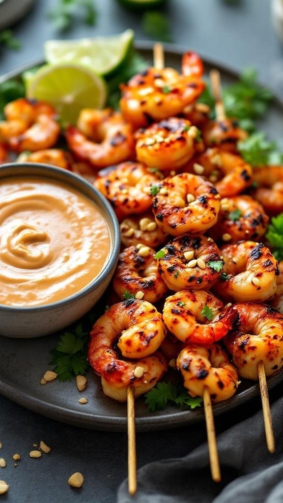 Grilled shrimp skewers with peanut satay sauce, garnished with crushed peanuts and lime wedges.