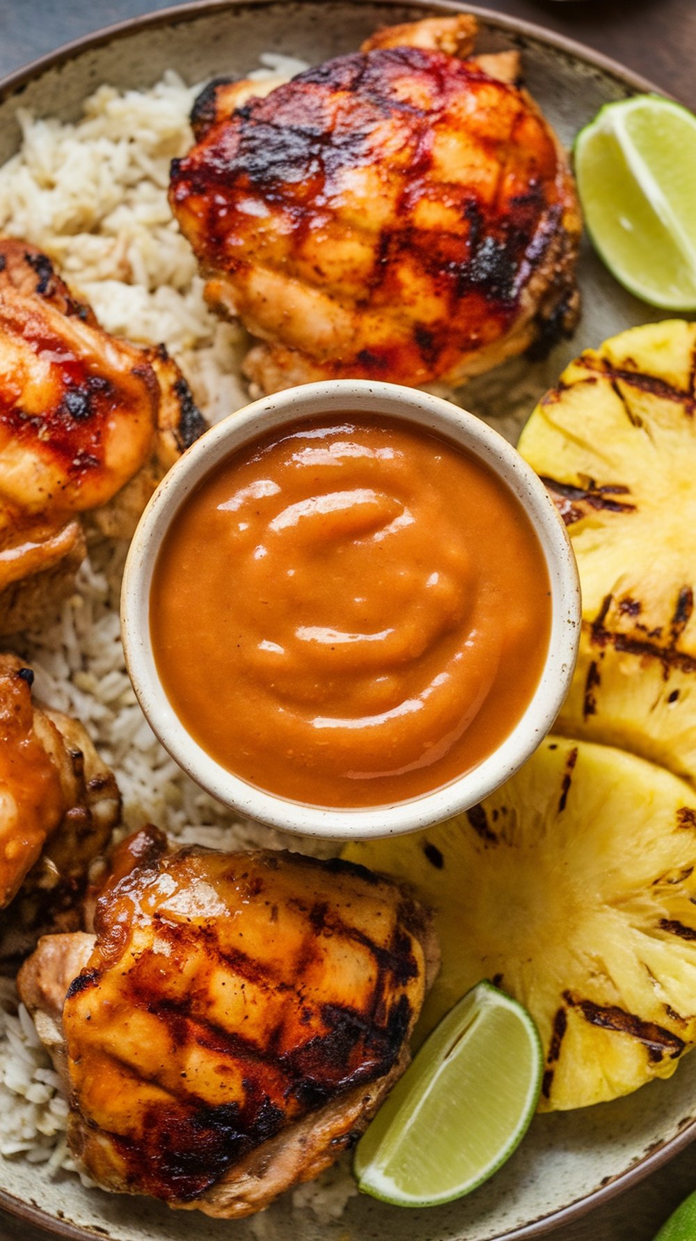 Pineapple habanero sauce in a bowl with grilled chicken thighs, rice, grilled pineapple slices, and lime wedges on a rustic plate.