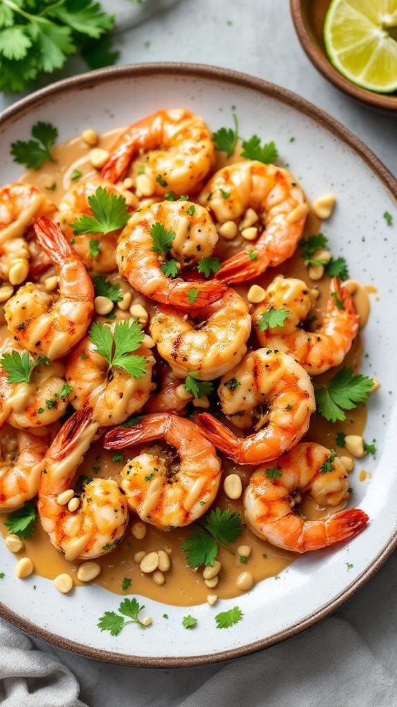 Grilled shrimp served with peanut satay sauce, garnished with cilantro and peanuts.